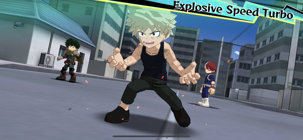 MY HERO ULTRA IMPACT - Katsuki Bakugo preparándose para la batalla con Deku y Todoroki en una escena de calle de ciudad de My Hero Ultra Impact.