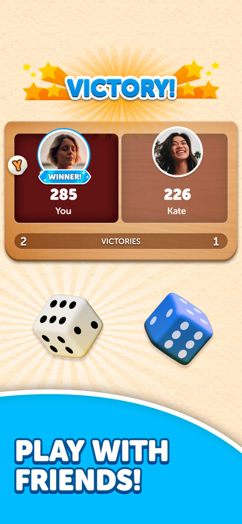 Dice Yatzy - Classic Fun Game - Pantalla de victoria del juego Dice Yatzy mostrando una victoria contra un amigo