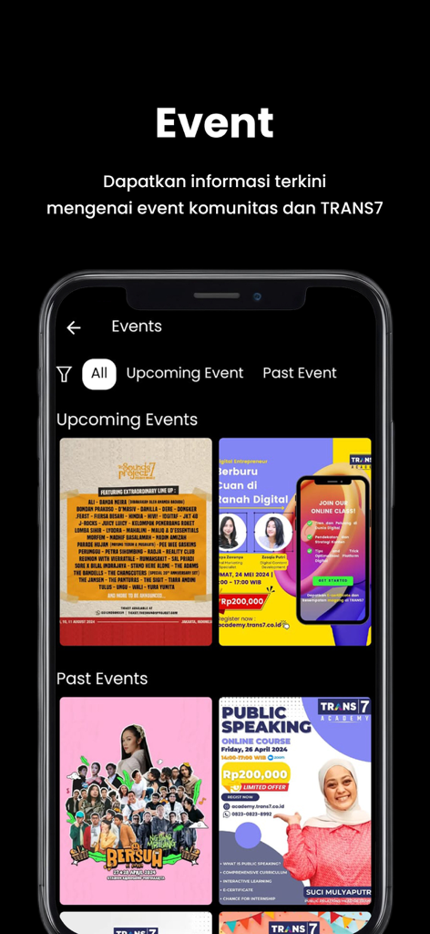 Sevenhub - Sevenhub app interface showing upcoming and past events for the TRANS7 community.