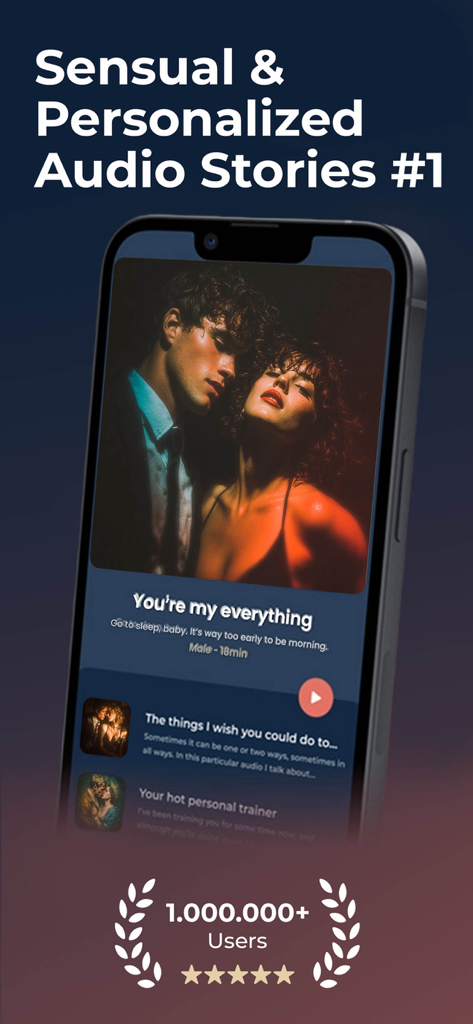 Whisper Stories app interface showing romantic audio stories and a million user milestone