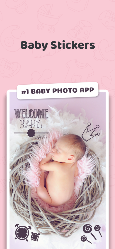 Newborn baby in a basket decorated with creative milestone stickers