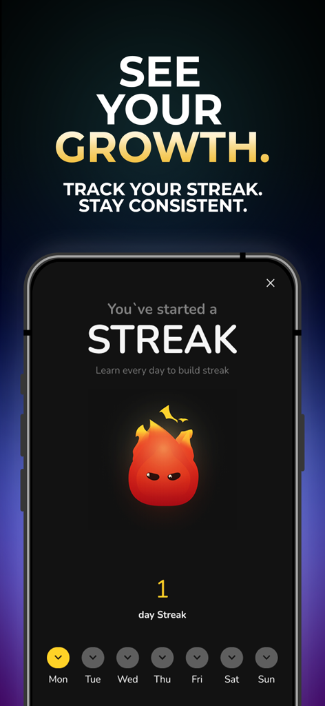 Legacy Academy - Legacy Academyのモバイルアプリ画面、自己成長の一貫性を追跡するための火のマスコットと共に1日ストリークを表示