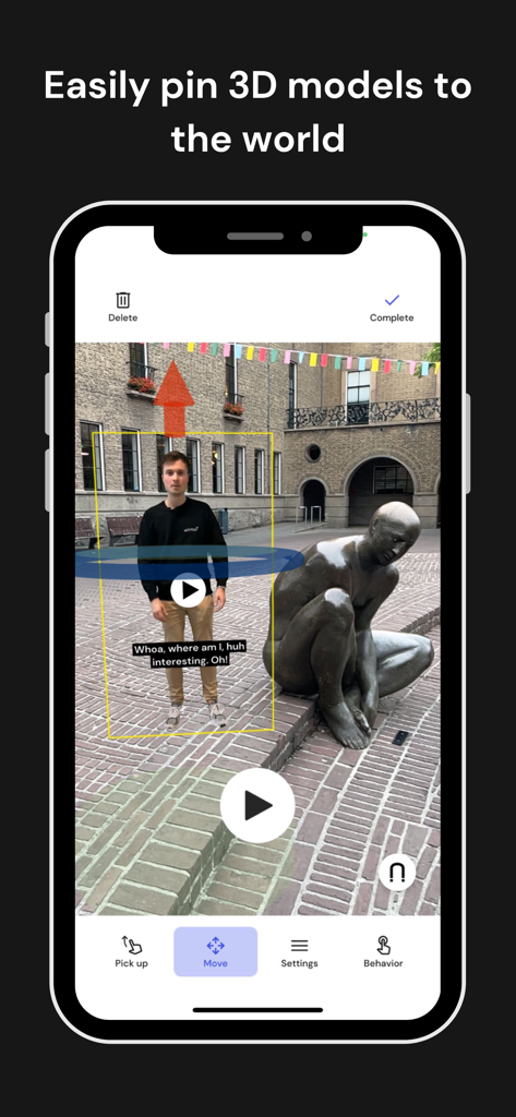 Wintor AR Tours - A smartphone screen displaying the Wintor AR Tours creator mode where a user is placing a virtual guide in a real world setting