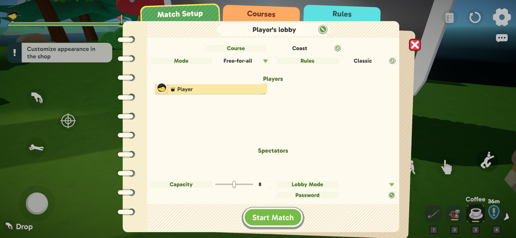 Super Battle Golf - Pantalla de configuración de partida de Super Battle Golf que muestra el lobby del jugador y la configuración del juego.