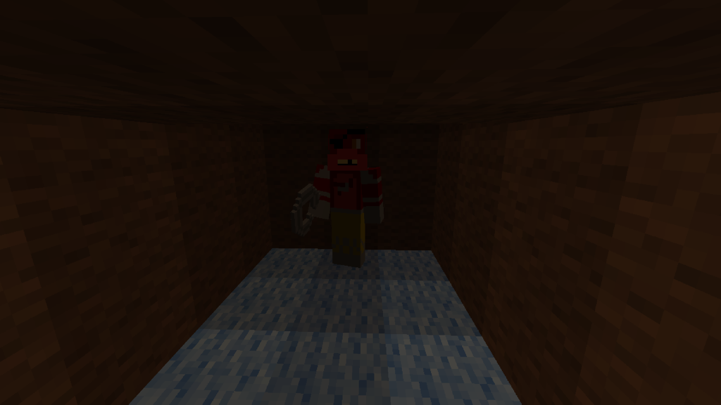 Ein roter blockiger Fuchs-Charakter mit Augenklappe und Haken, der in einem dunklen Raum steht.