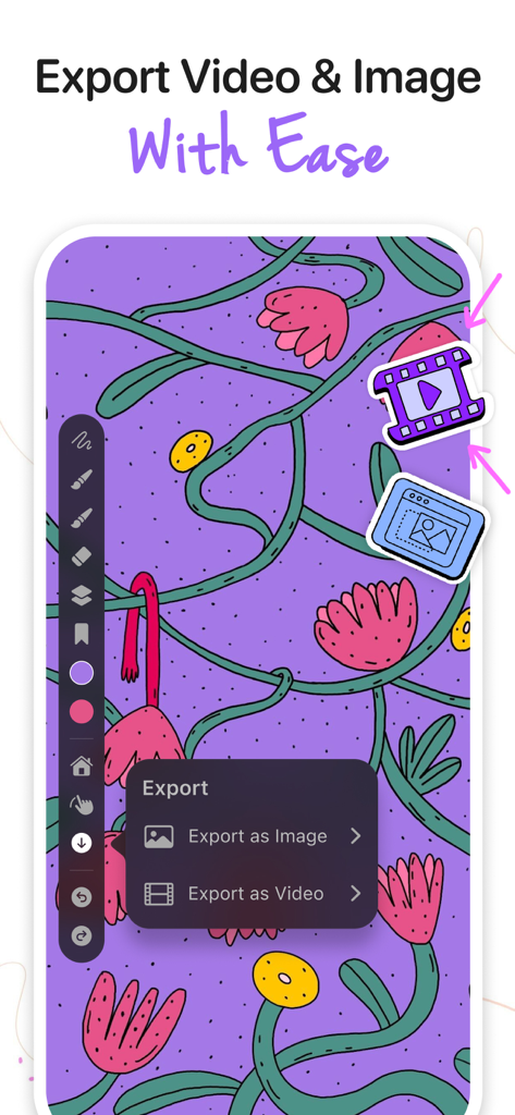 Interface of ZoomArt app showing export options for video and image over a colorful floral vector illustration
