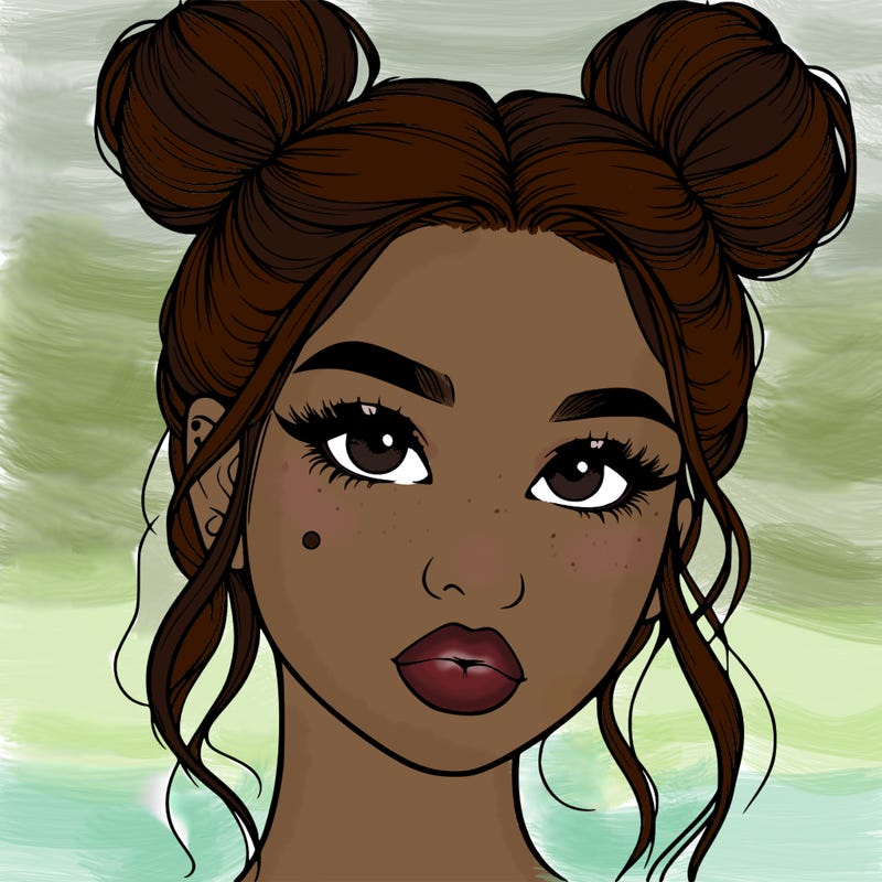 realistic girl with two buns on her hair and lips