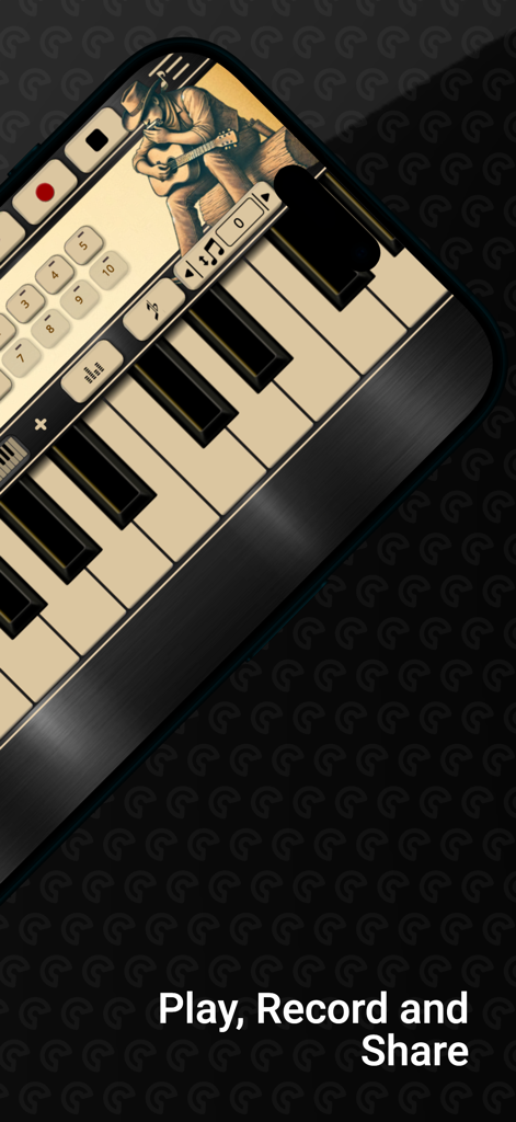 Harmonica Sim - Smartphone screen showing Harmonica Sim app interface with a piano keyboard and recording controls.