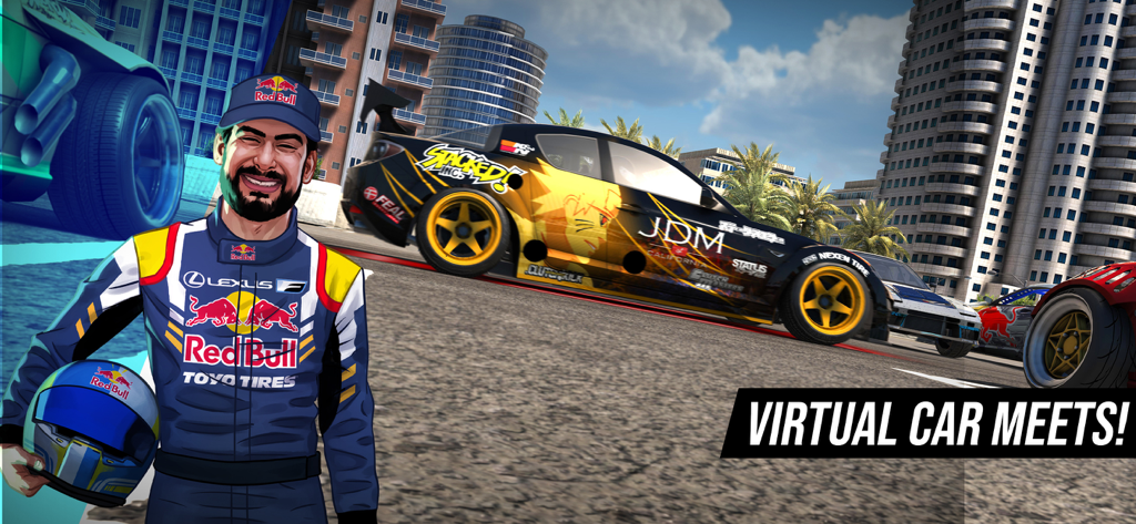 Torque Drift - Un piloto de carreras profesional de pie junto a coches de drift personalizados con un fondo de ciudad y el texto 'Virtual Car Meets'.