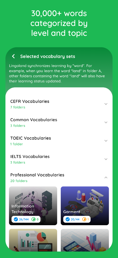Interfaccia dell'app Lingoland che mostra set di vocabolario inglese categorizzati per livello e argomenti professionali come IT e Abbigliamento.