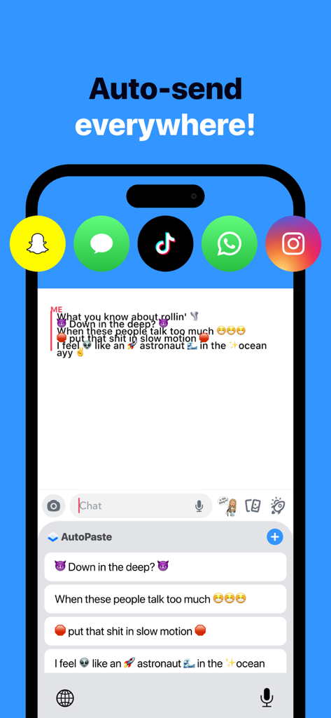 AutoPaste Keyboard mostrando o recurso de envio automático para aplicativos de mídia social como Snapchat e TikTok