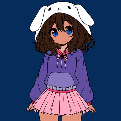 pretty anime girl wearing a fluffy hoodie with bunny ears on the hood and a skirt
