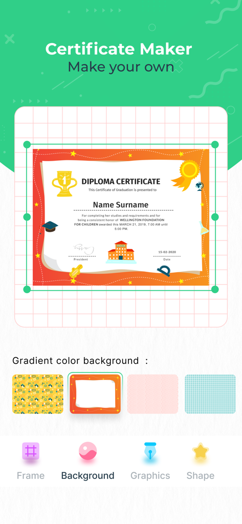 Mobile app interface for e-Certificate Maker showing a diploma template editor and background selection options.