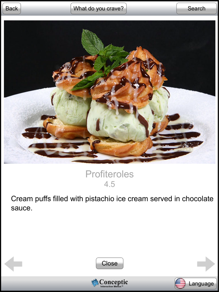 Digital restaurant menu showing a dessert item with professional image and description