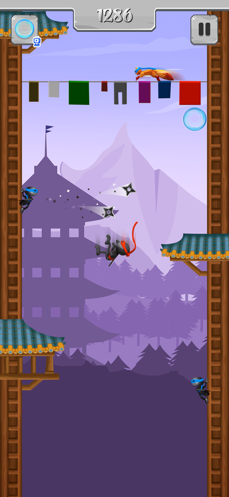 Ninja Jump Master - A black ninja character jumping between walls while dodging shurikens and enemy ninjas in a mountain landscape