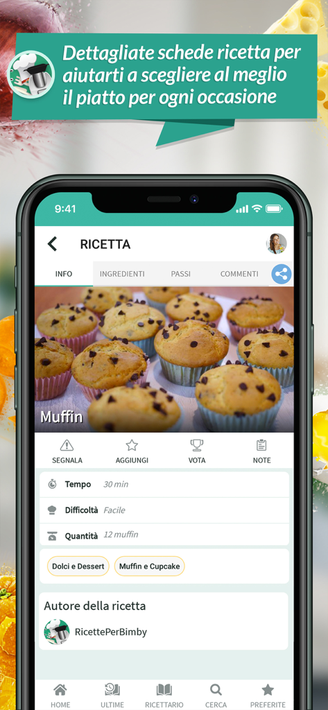 Ricette Bimby - Detailed muffin recipe card in the Ricette Bimby app showing cooking time and difficulty level
