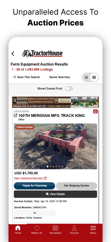 TractorHouse: Farm Equipment - Screenshot of the TractorHouse app showing farm equipment auction results and pricing for agricultural machinery.