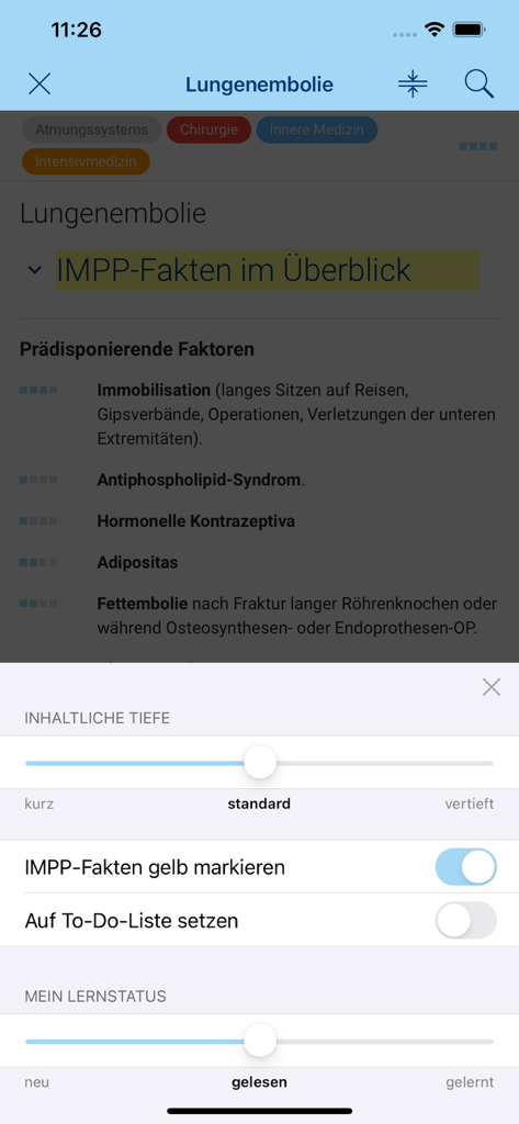 via medici WISSEN TO GO - Uma interface de aplicativo médico mostrando configurações de estudo para profundidade de conteúdo e status de aprendizado.