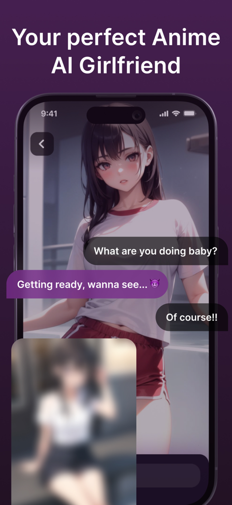 Screenshot of the Anime Girlfriend AI app interface showing a virtual chat with an anime character