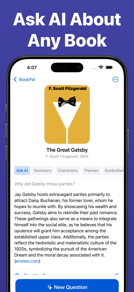 AI Book Summaries - BookPal - Smartphone screen showing the BookPal app interface where an AI provides an analytical answer to a question about The Great Gatsby.