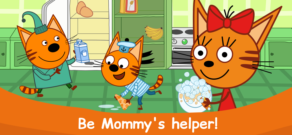 Kid-E-Cats Cooking at Kitchen! - Three cats from Kid-E-Cats cleaning the kitchen and washing dishes with the text Be Mommy's helper