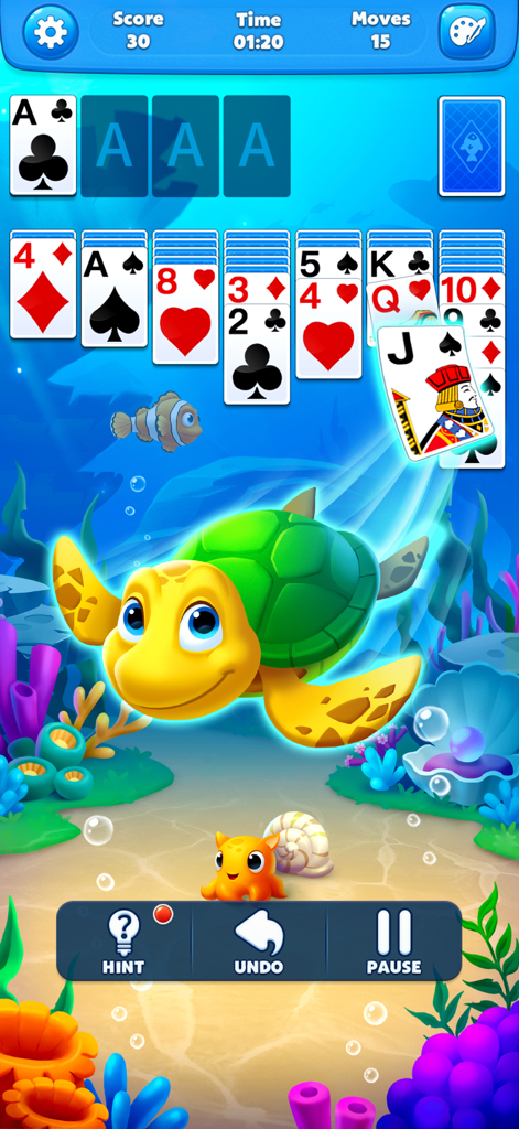Classic solitaire card game with an underwater ocean theme featuring a friendly sea turtle and colorful coral.