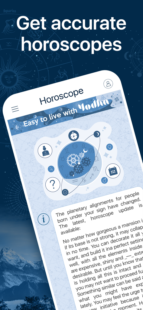 Yodha My Horoscope - A mobile screen from the Yodha app displaying a detailed daily horoscope reading with celestial and zodiac graphics.
