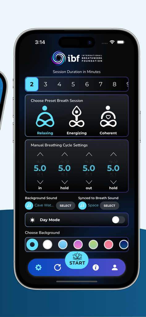 IBF Breathing App - The IBF Breathing App interface showing session duration presets manual cycle settings and sound choices