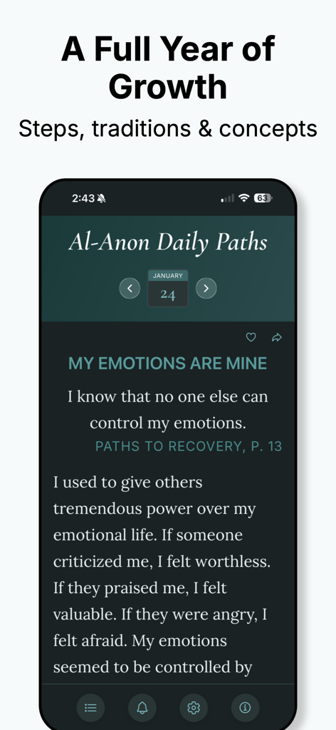 Al-Anon Daily Paths - A mobile screen showing a daily reflection titled My Emotions Are Mine from the Al-Anon Daily Paths app.