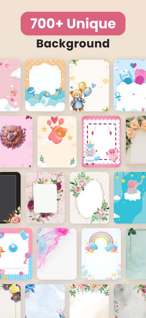 Invitation Maker - Greetings - Eine Sammlung verschiedener Einladungshintergrundvorlagen, darunter Blumen-, Babyparty- und Geburtstagsthemen.