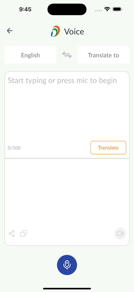 Voice translation interface of the Bhashini app with English language input and microphone button