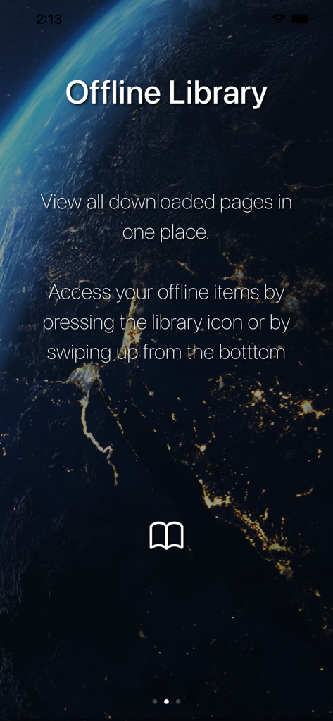 Captura de tela da tela da Biblioteca Offline explicando como acessar e visualizar todas as páginas da web baixadas em um só lugar