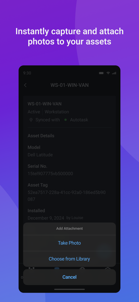 IT Glue mobile app interface displaying asset details for a workstation with options to capture or attach photos