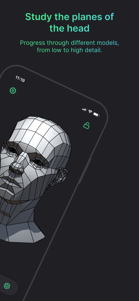 アートスタディのために顔の平面を示すスマートフォンの画面上の3Dポリゴンヘッドモデル。