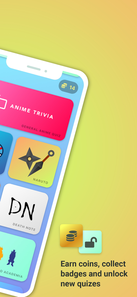 Anime Trivia - Interfaz de la aplicación Trivia de Anime que muestra categorías como Naruto y Death Note con una indicación para ganar monedas.