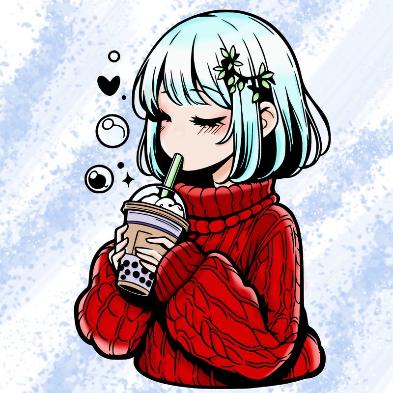 manga girl drinking boba in cozy sweater