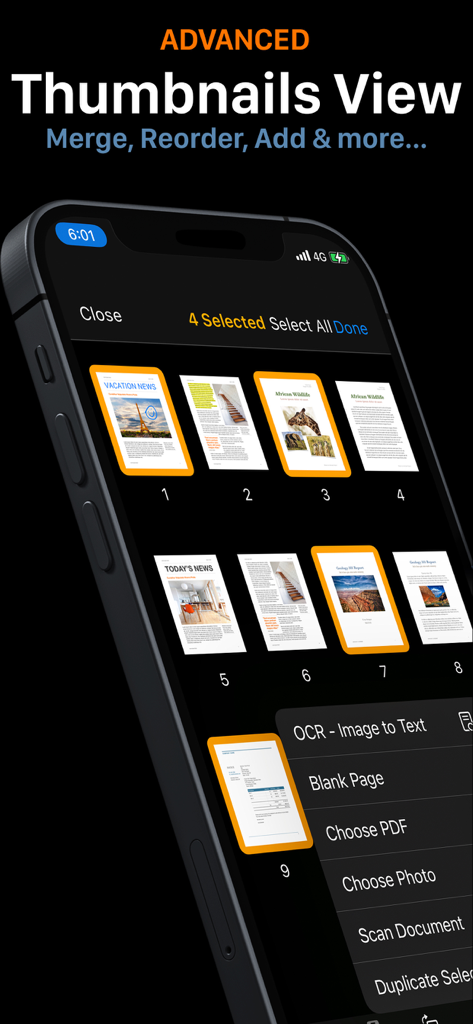PDF Office Max Acrobat Expert - Vista avanzada de miniaturas en PDF Office Max que muestra opciones para fusionar y reordenar páginas de documentos en iPhone