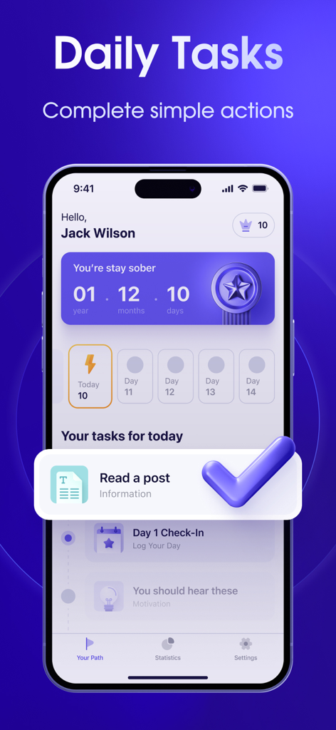 Sober Counter, Alcohol Tracker - Ein Screenshot der ReSober App-Oberfläche, der tägliche Nüchternheits-Aufgaben und einen Tageszähler anzeigt.