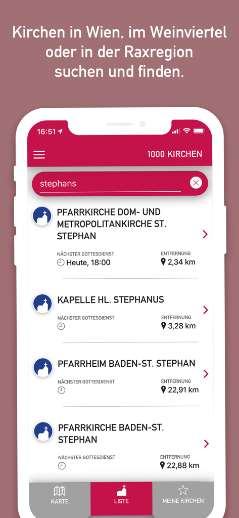 A smartphone screen displaying the 1000 Kirchen app search results for churches in Vienna with mass schedules and distances.