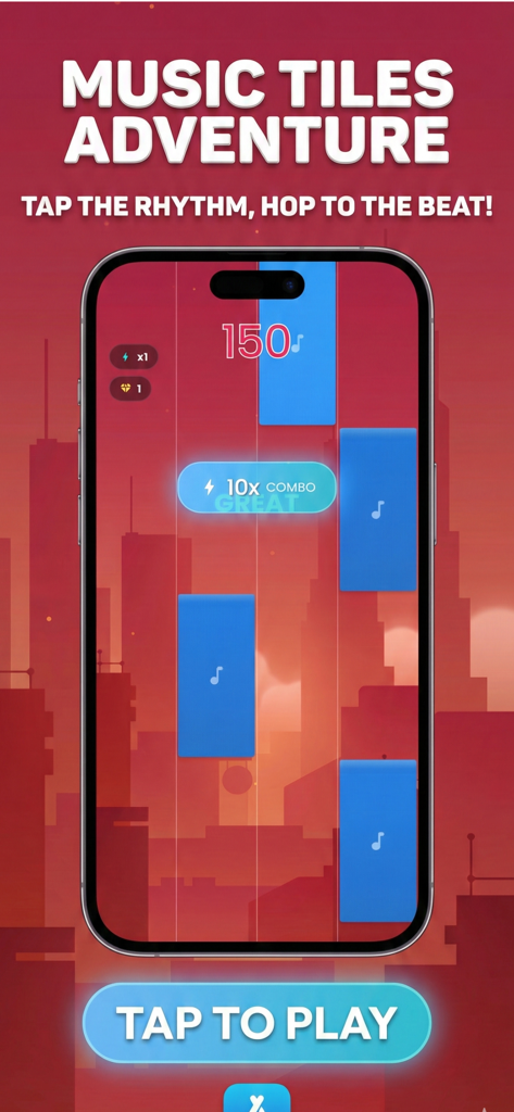 Music Tiles 4: Piano Tiles - Music Tiles 4 mobile rhythm game interface showing blue tiles and a 10x combo score over a city skyline background.