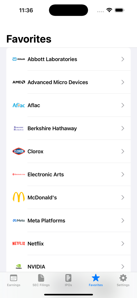 Earnings Whisper - Pantalla de la aplicación Earnings Whisper que muestra una lista de empresas favoritas, incluidas AMD, Meta y NVIDIA.