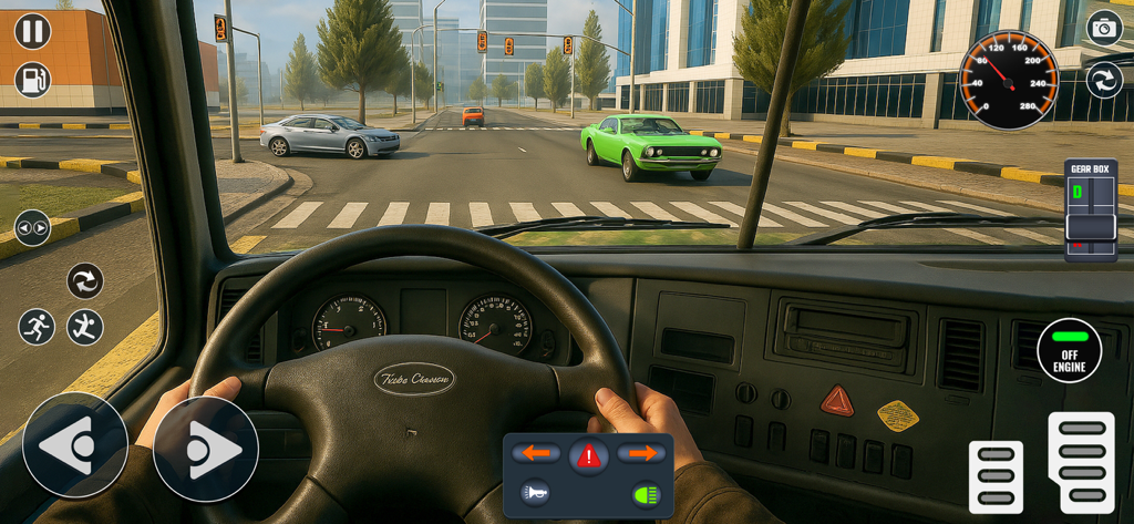 American Truck Driving Game 3d - First-person cockpit view of a truck driving through a city in a simulation game