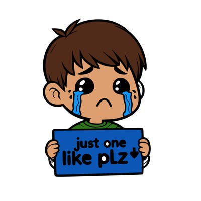 realistic crying boy with a sign saying just one like plz