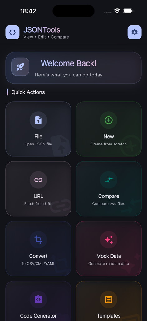 Dashboard of JSON Tools app showing developer quick actions for managing data.