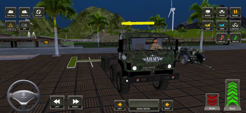 Millitary Cargo Truck Games - In-Game-Ansicht eines Tarnkappen-Militärlastwagens mit Fahrsteuerungen und Lenkrad in einem Simulationsspiel.