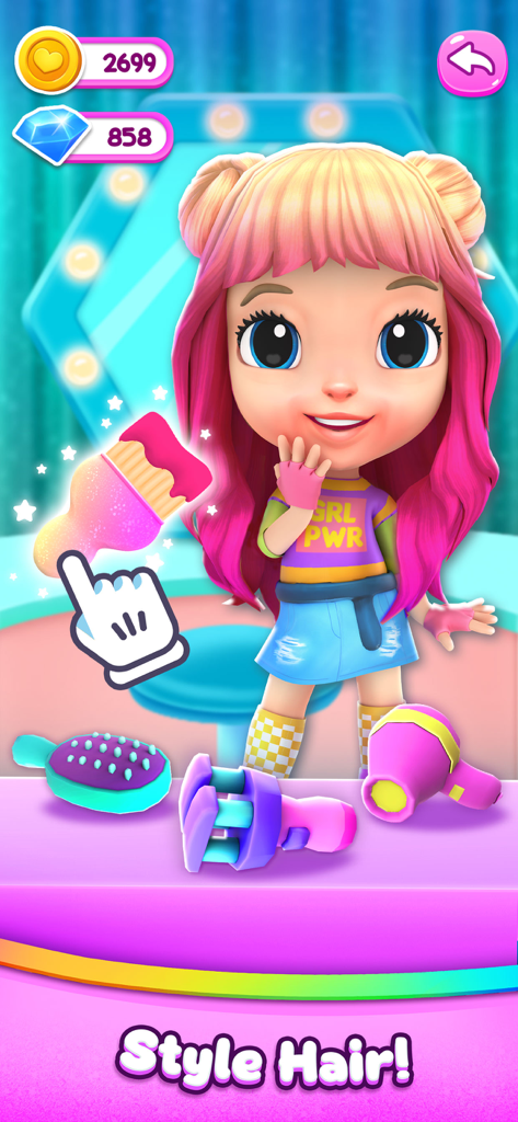 A pink-haired character named Sara in a hair salon scene with styling tools and hair accessories.
