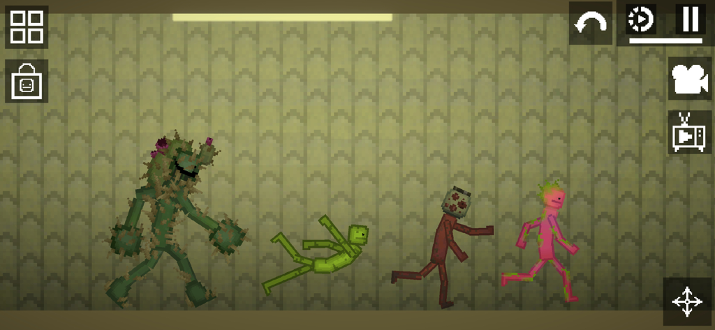 Pixelated ragdoll characters being chased by a cactus monster in a sandbox game environment