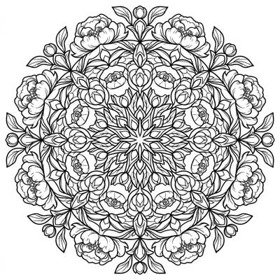 Experience tranquility with this stunning peony mandala, a beautifully symmetrical design crafted for mindful coloring. Each delicate petal and leaf invites you to relax and unleash your creativity.