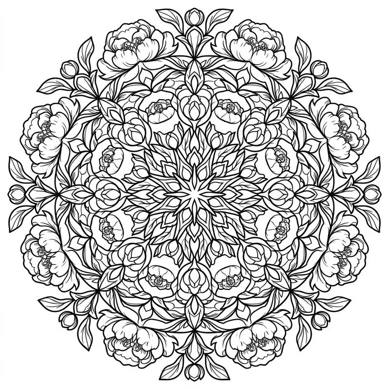 Experience tranquility with this stunning peony mandala, a beautifully symmetrical design crafted for mindful coloring. Each delicate petal and leaf invites you to relax and unleash your creativity.