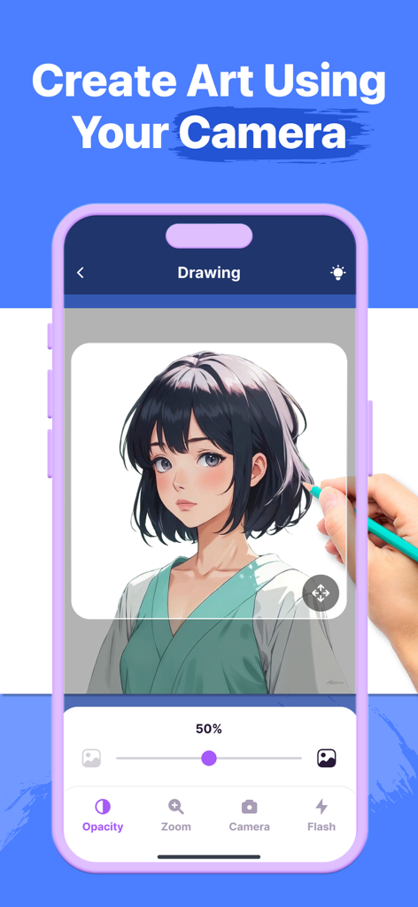 AR Drawing: Simply Draw Sketch - Interfaz de smartphone mostrando un personaje de anime siendo calca usando la app AR Drawing